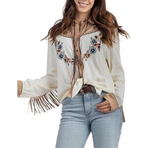 Women's White Embroidered Western Long Sleeve Button Down Collared Retro Shirts